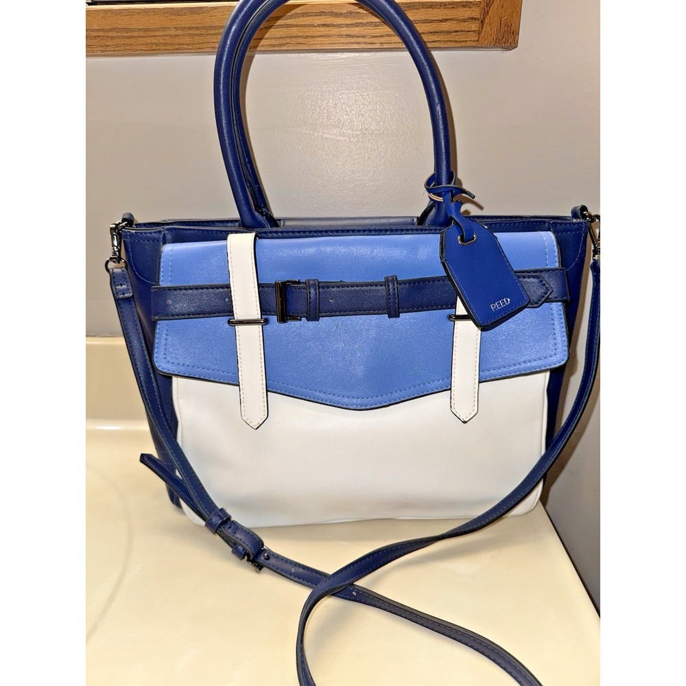 REED KRAKOFF Faux Leather Satchel Blue Handbag American Luxury Large w/ Strap